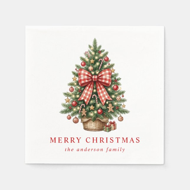 Elegant Watercolor Christmas Tree Red Gingham Bow Napkins (Front)