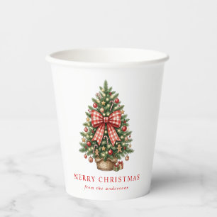 Elegant Watercolor Christmas Tree Red Gingham Bow Paper Cups