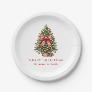 Elegant Watercolor Christmas Tree Red Gingham Bow Paper Plates