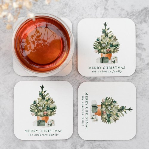 Elegant Watercolor Christmas Tree Square Paper Coaster