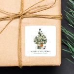 Elegant Watercolor Christmas Tree Square Sticker<br><div class="desc">Elegant holiday stickers featuring a festive watercolor Christmas tree adorned with glass ornaments and surrounded by wrapped presents. Personalize the watercolor Christmas tree stickers with a custom greeting, your family name, or other custom text. The personalized holiday stickers are perfect to use for sealing holiday envelopes, Christmas party favors, and...</div>
