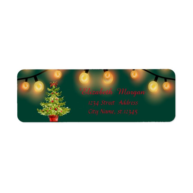 Elegant Watercolor Christmas Tree, String Lights Label (Front)