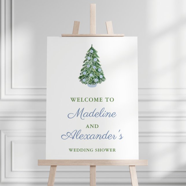 Elegant Watercolor Christmas Tree Wedding Shower Foam Board (Preppy blue and white baubles Christmas tree holidays couples wedding shower welcome sign)