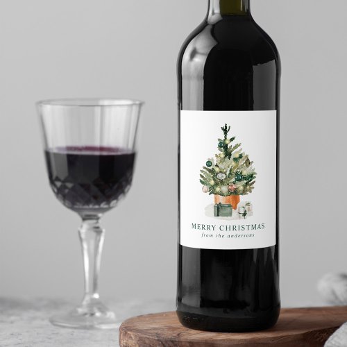 Elegant Watercolor Christmas Tree Wine Label
