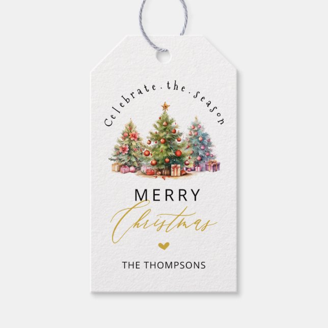 Elegant Watercolor Christmas Trees Holiday Gift Tags (Front)