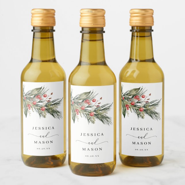 Elegant Watercolor Christmas Wedding Favors Wine Label (Bottles)