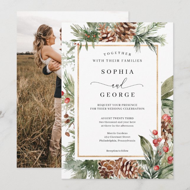 Elegant Watercolor Christmas Wedding Invitation (Front/Back)