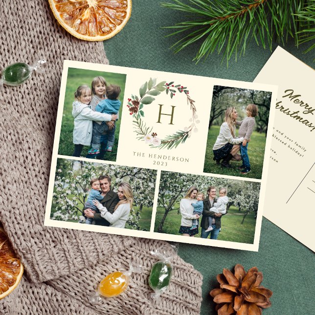 Elegant Watercolor Christmas Wreath 4 Photo Holiday Postcard (Creator Uploaded)
