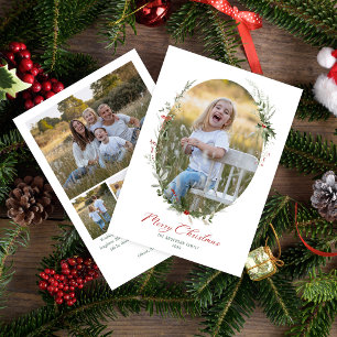 Elegant Watercolor Christmas Wreath 5 Photo Holiday Card