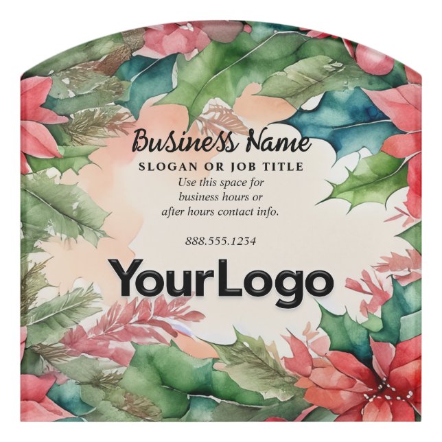 Elegant Watercolor Christmas Wreath Business Door Sign (Contour Front)