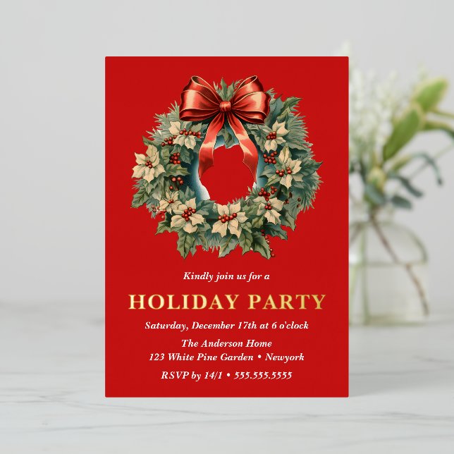 Elegant Watercolor Christmas Wreath Holiday Party  Foil Invitation (Standing Front)