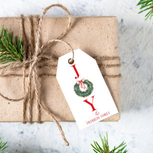 Elegant Watercolor Christmas Wreath Joy Gift Tags