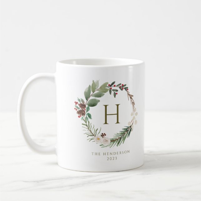 Elegant Watercolor Christmas Wreath Monogram Coffee Mug (Left)