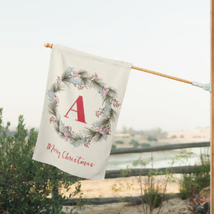 Elegant Watercolor Christmas Wreath Monogram House Flag
