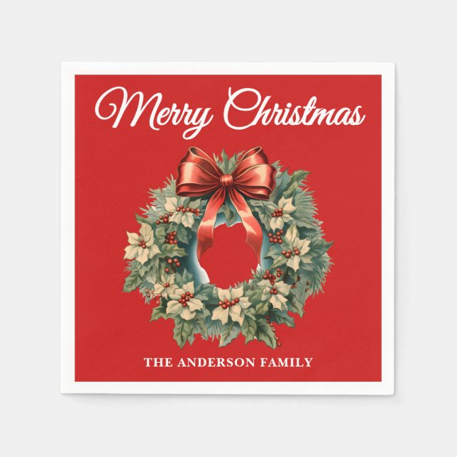 Elegant Watercolor Christmas Wreath Napkins (Front)