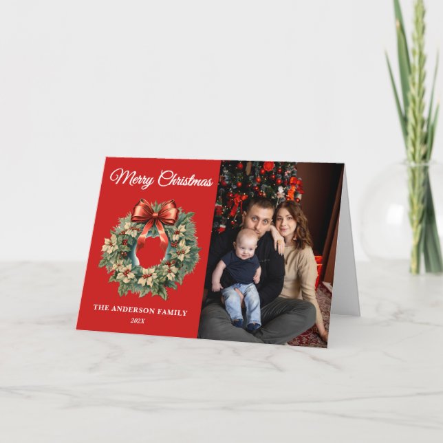 Elegant Watercolor Christmas Wreath Photo Holiday Card (Front)
