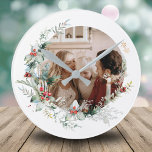 Elegant watercolor Christmas wreath photo Round Cl Round Clock<br><div class="desc">Elegant Christmas watercolor wreath Christmas wall clock. Watercolor artwork with your photo.</div>