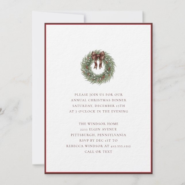 Elegant Watercolor Christmas Wreath Plaid Bow  Invitation (Front)