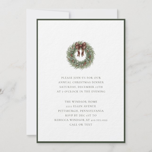 Elegant Watercolor Christmas Wreath Plaid Bow  Invitation (Front)