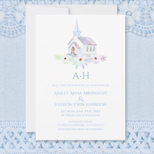 Elegant Watercolor Church Floral Monogram Wedding Invitation