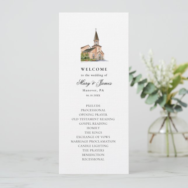 Elegant Watercolor Church Wedding Flat Program (Standing Front)
