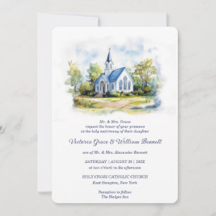 Elegant Watercolor Church Wedding Invitation 