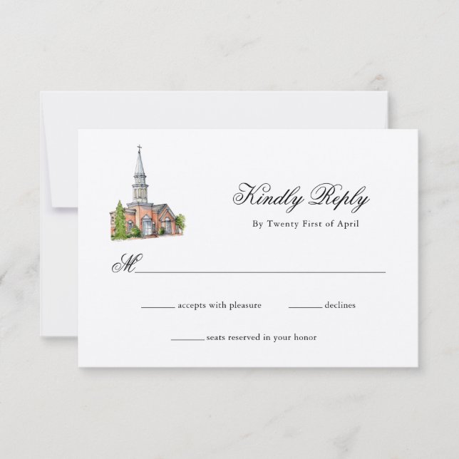 Elegant Watercolor Church wedding RSVP Card (Front)