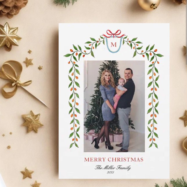 Elegant watercolor citrus garland Monogram Holiday Announcement (Creator Uploaded)