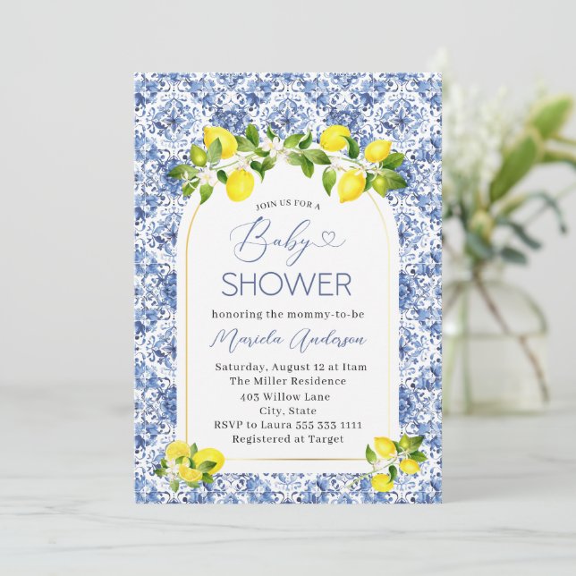 Elegant Watercolor Citrus Lemon  Baby Shower Invitation (Standing Front)