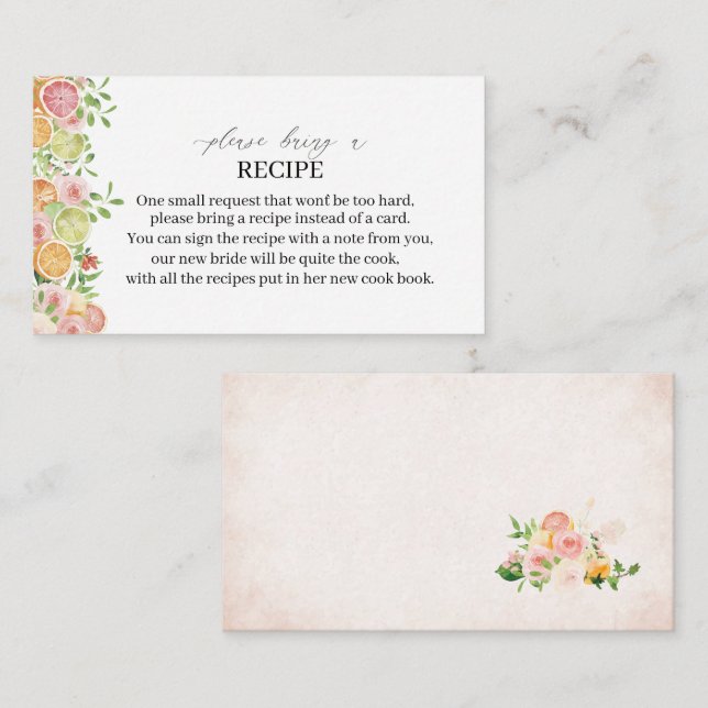 Elegant Watercolor Citrus Pink Flowers A Recipe ca Enclosure Card (Front/Back)