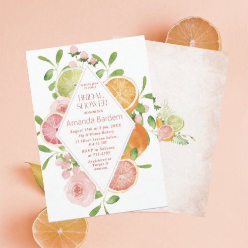 Elegant Watercolor Citrus Pink Flowers  bridal sho Invitation