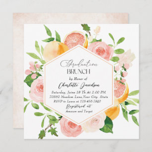 Elegant Watercolor Citrus Pink Flowers Graduation Invitation