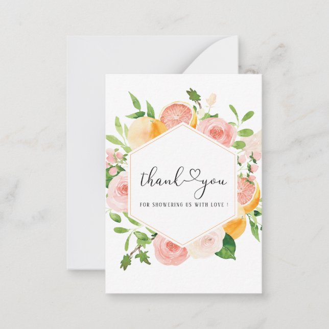 Elegant Watercolor Citrus Pink Flowers Thank You   Note Card (Front)