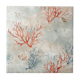 Elegant Watercolor Coastal Coral & Ocean Waves Ceramic Tile