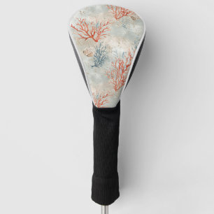Elegant Watercolor Coastal Coral & Ocean Waves Golf Head Cover