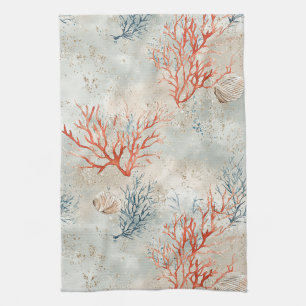 Elegant Watercolor Coastal Coral & Ocean Waves Kitchen Towel
