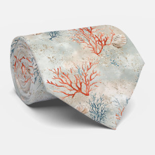 Elegant Watercolor Coastal Coral & Ocean Waves Neck Tie