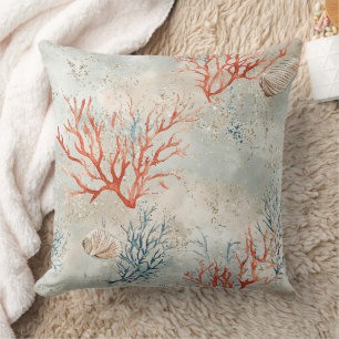 Elegant Watercolor Coastal Coral & Ocean Waves Throw Pillow