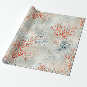 Elegant Watercolor Coastal Coral & Ocean Waves Wrapping Paper