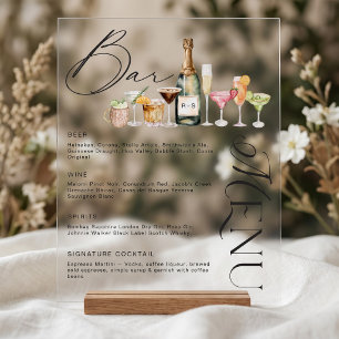 Elegant Watercolor Cocktails Wedding Bar Menu Acrylic Sign