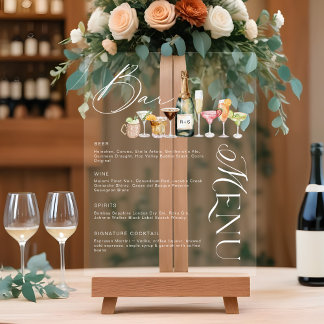 Elegant Watercolor Cocktails Wedding Bar Menu Acrylic Sign