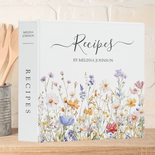 Elegant Watercolor Colorful Wildflower Recipe 3 Ring Binder (In situ)