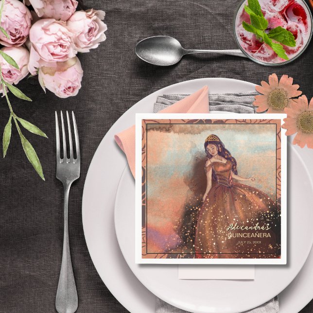 Elegant Watercolor Copper Rose Quinceañera Napkin (Elegant Watercolor Copper Rose Quinceañera Napkin)