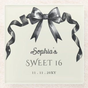 Elegant Watercolor Coquette Black Bow Sweet 16 Glass Coaster
