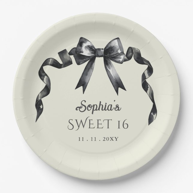 Elegant Watercolor Coquette Black Bow Sweet 16 Paper Plates (Front)