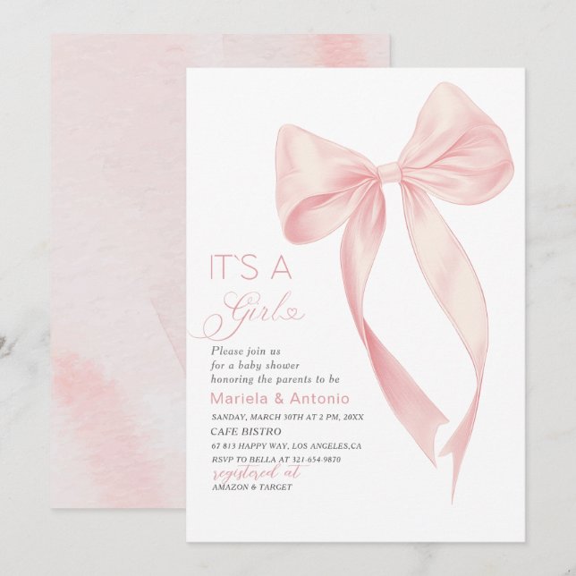 Elegant  Watercolor Coquette Pink Bow Girl Baby Sh Invitation (Front/Back)