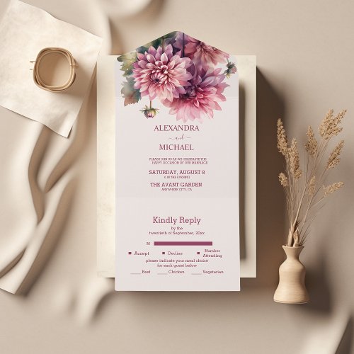 Elegant Watercolor Coral And Pink Dahlia Wedding All In One Invitation