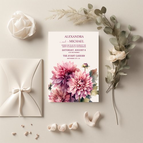 Elegant Watercolor Coral And Pink Dahlia Wedding Invitation