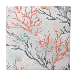 Elegant Watercolor Coral Branches & Ocean Waves Ceramic Tile