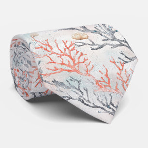 Elegant Watercolor Coral Branches & Ocean Waves Neck Tie